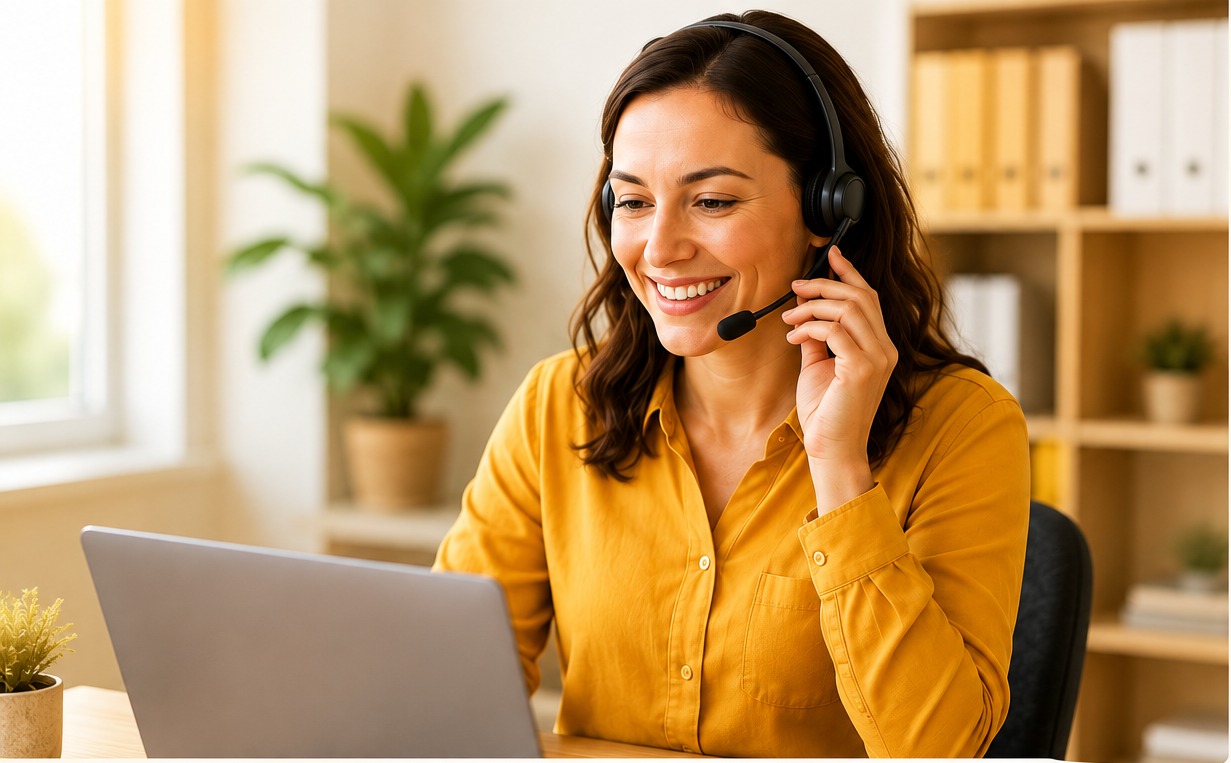 Conseillère Cellis au téléphone, souriante